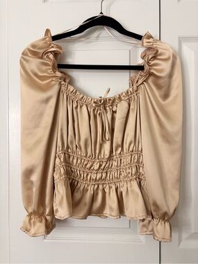 Satin Peasant Blouse in Beige - Women Tops